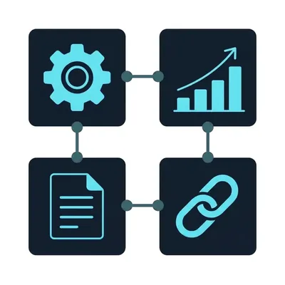 Illustration of four connected service cards representing SEO service areas